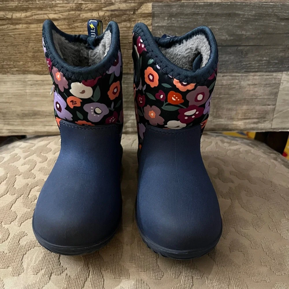 Jan & Jul Navy Blue Floral Waterproof Neoprene Fleece Lined Rain Boots Kids 9